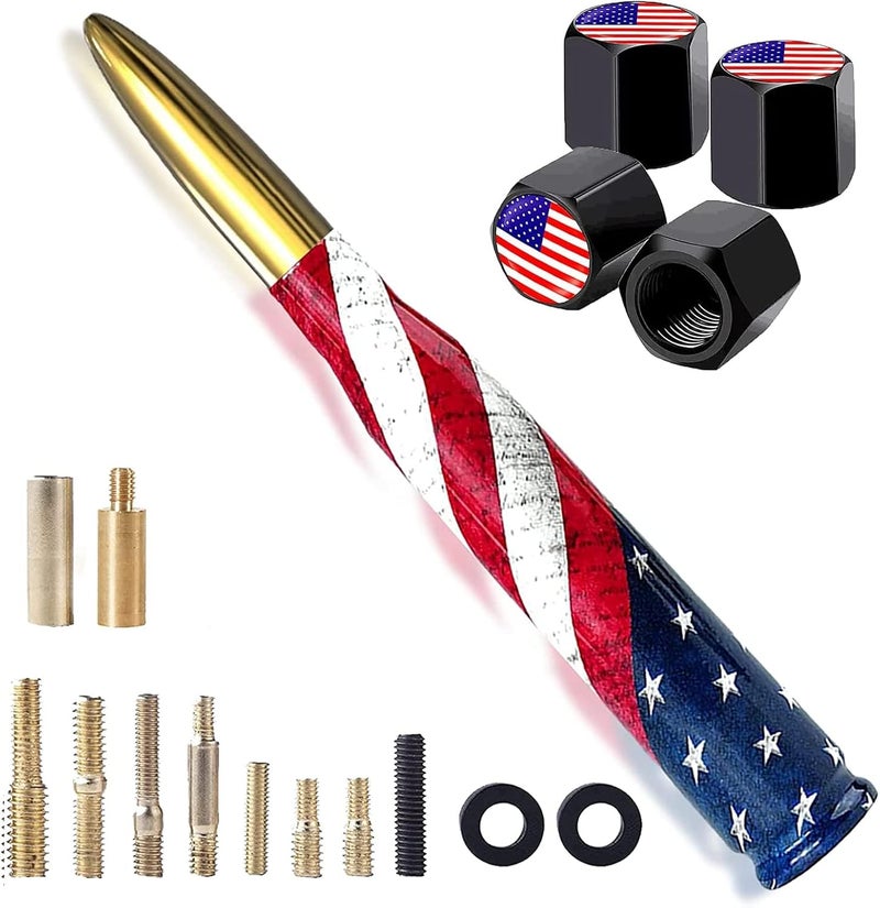 HVSTTPK هوائي رصاصة للسيارات والشاحنات مع أغطية صمامات الإطارات لفورد F150 F250 F350 سوبر شيفروليه ديوتي رابتور دودج رام 1500 2500 3500، ملحقات الشاحنات (ذهبي) - تصميم العلم الأمريكي - Image 1